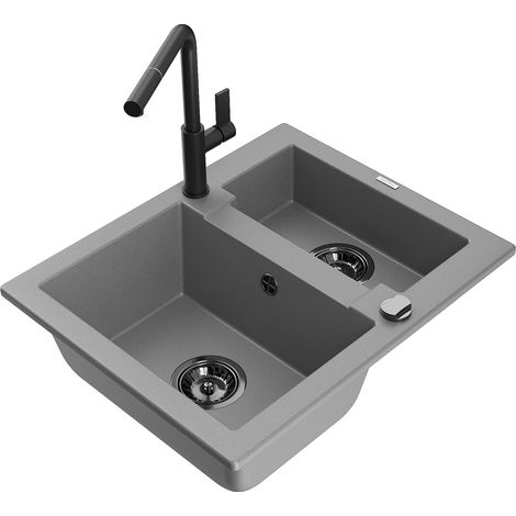 Mexen Carlos lavello in granito 1,5 vasche con miscelatore da cucina Flora, grigio - 6518-71-670401-70-B (1/5)