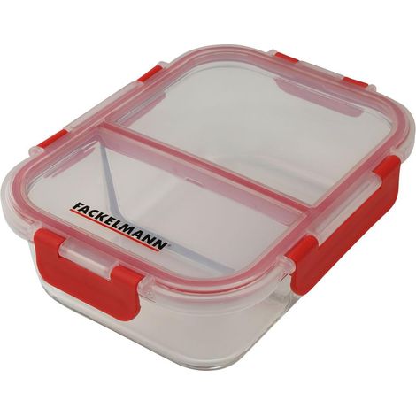 Boite de conservation en verre à 2 compartiments 1050mL, Lunchbox en verre et couvercle hermétique à clips, Verre, Plastique, Rouge, 21x16cm (1/5)