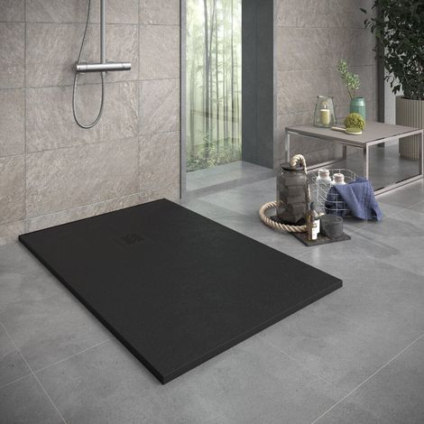Receveur de douche 100x140 cm extra plat en résine minérale SIERRA noir Grille noire (1/5)