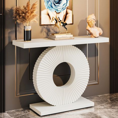 Table console moderne 40 pouces – design géométrique – console d’entrée étroite – table en bois pour couloir et salon – pour entrée et salon,Blanc