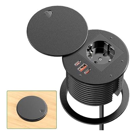 Prise Encastrable USB C et USB Multiprise Encastrable Plan de Travail avec Couvercle Bloc Prise Escamotable pour la Cuisine Le Bureau Les Meubles Câble Noir (1/5)