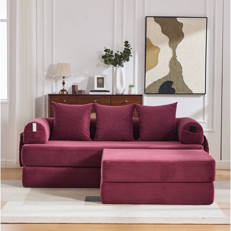 Divano modulare in velluto a coste con ottomano, metallo, 200x190x67 cm, bordeaux, REDOM (1/5)