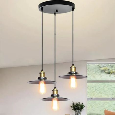 U-Do Lustre Suspension en Métal Noir design Vintage 3 Têtes Lustre Disque Lampe Ajustable Industriel pour Salon Bar (1/4)
