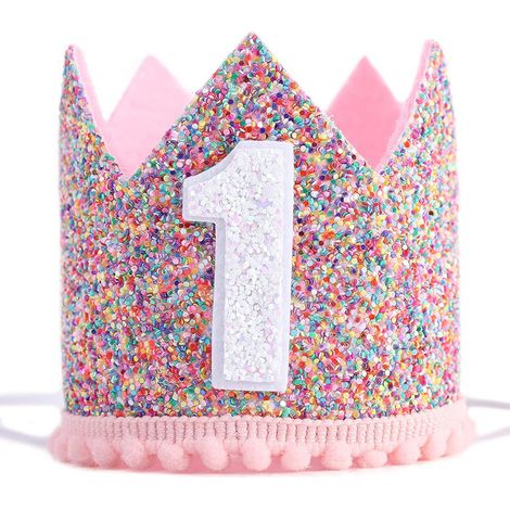 Couronne d'anniversaire Enfant - Couronne à Paillettes Multicolores avec Doublure en Feutre Rose et Pompon Rose - Taille Réglable par Élastique - 1 Pièce (1/5)