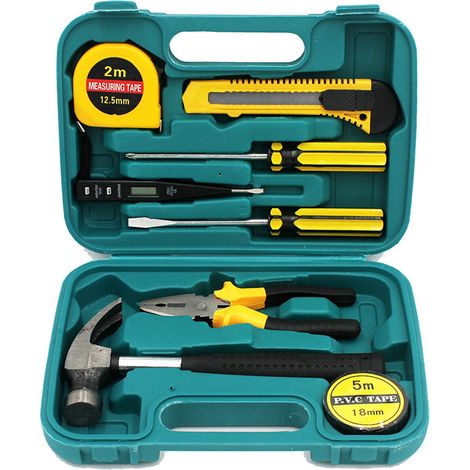 Coffret à Outils avec Testeur de Tension Numérique, Boîte à Outils en Plastique pour Voiture et Maison, Ensemble Complet avec Pince, Clé et Tournevis, 9 pièces
