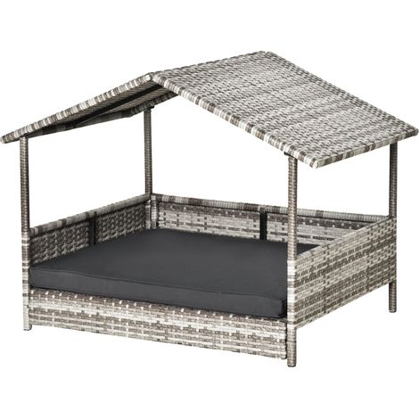 Niche pour chien en rotin avec coussin, couchage en forme de maison, niche d'extérieur, structure en acier, plastique, gris, 69 x 98 x 70 cm