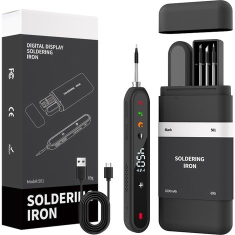 Irovami Kit fer souder USB gris-noir – 1600mAh, portable, 3 têtes