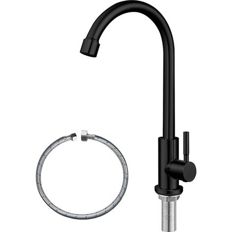Robinet d'eau froide en acier inoxydable SUS304 pour évier de cuisine - Cannelure haute, poignée unique, un trou, noir (1/5)