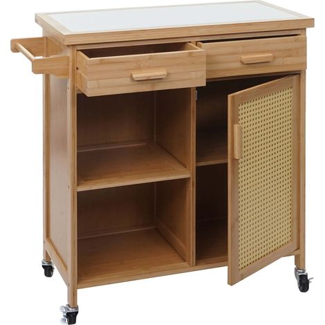 Servierwagen HHG-670, Küchenwagen Barwagen Rollwagen, Griff Schublade Arbeitsplatte 85x84x36cm Bambus, braun