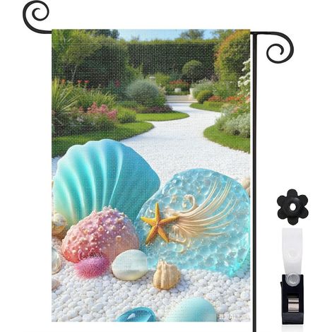 Drapeau de jardin 30 x 45 cm motif coquillages et sable doré toile double face pour extérieur (1/5)