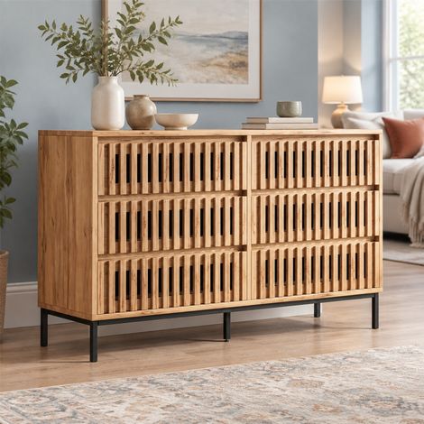 Aparador de 6 cajones 120 x 40 x 81 cm en MDF y aglomerado, color madera OKMYHOME (1/5)