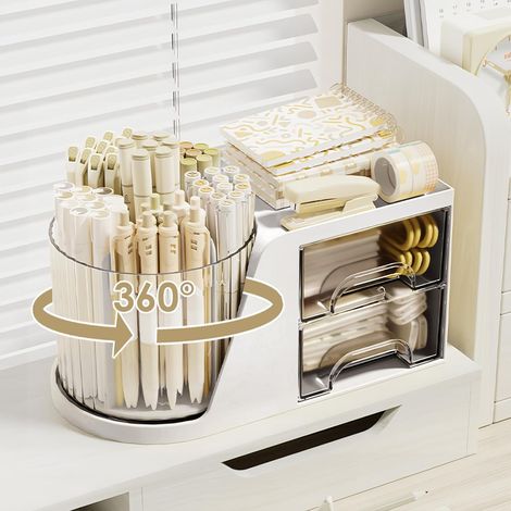 360° drehbarer Schreibtisch-Organizer – Weißer Stiftehalter  2 Schubladen + 6 Fächer, Kosmetikaufbewahrung & multifunktionaler Schreibtisch-Organizer. Ideal für Schule, Zuhause und Büro. (1/5)
