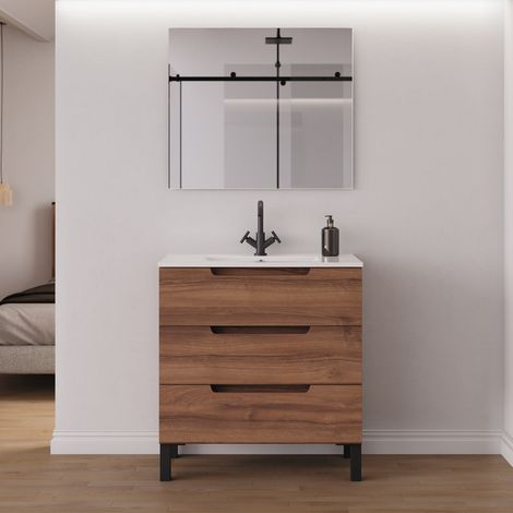 Meuble de salle de bain 70cm simple vasque - 3 tiroirs - noyer (bois foncé) - RIZA (1/5)