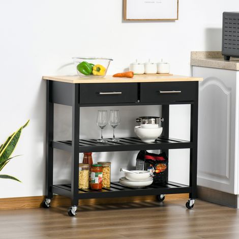 Carrito de cocina con ruedas, 2 estantes, 2 cajones, acabado en madera natural y negra.