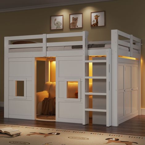 Lit mezzanine en bois massif 140 x 200 cm avec penderie intégrée, 2 fenêtres de toit et éclairage LED intégré, couleur blanc (1/5)