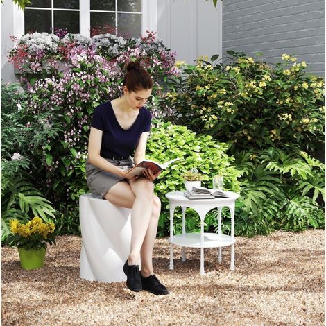 Taburete de jardín de cerámica blanco Ø33 x 45 cm, diseño en espiral, resistente a la intemperie, con tapa tipo trébol (1/5)