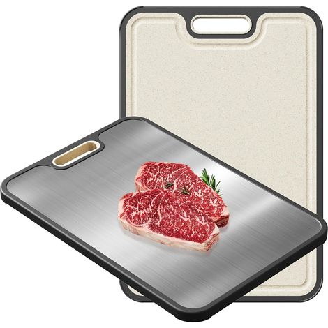Doppelseitiges Schneidebrett, lebensmittelechter Edelstahl mit Griff, geeignet für Küchenfleisch, Obst und Gemüse, rutschfest und leicht zu reinigen, 1 Stück (1/5)