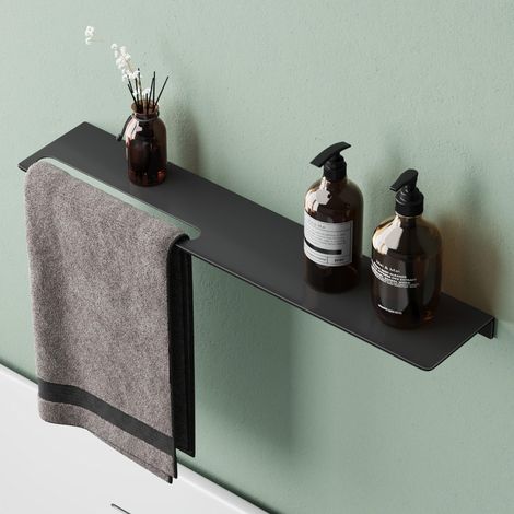 Mai & Mai Mensola da Parete Multifunzionale 60cm, Mensola per Doccia in Alluminio con Portasciugamani Mensola da Appendere per Bagno e Cucina, Nero Opaco, Reglo-06