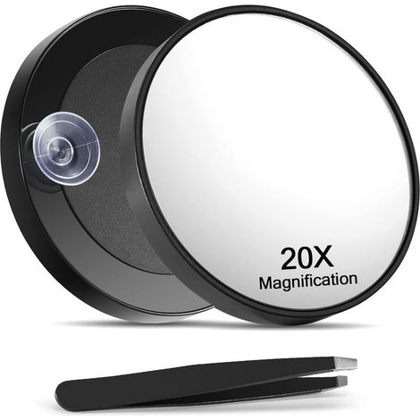 20X Magnifying Mirror with 2 Suction Cups, 3.5 inches Magnified Makeup Mirror and Slant Tweezers,Black,1PC (1/5)