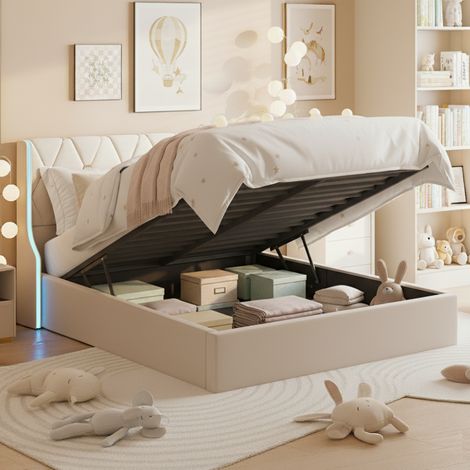 Dans Les Nuages – Lit coffre double 160x200 cm – Éclairage LED intégré – Grand espace de rangement – Sommier à lattes en velours beige (1/5)