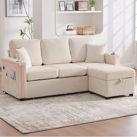 Divano modulare in velluto a coste (panno) con LED, USB/Type-C, un pouf, vano portaoggetti e tasche, beige, 194x73x81 cm (1/5)