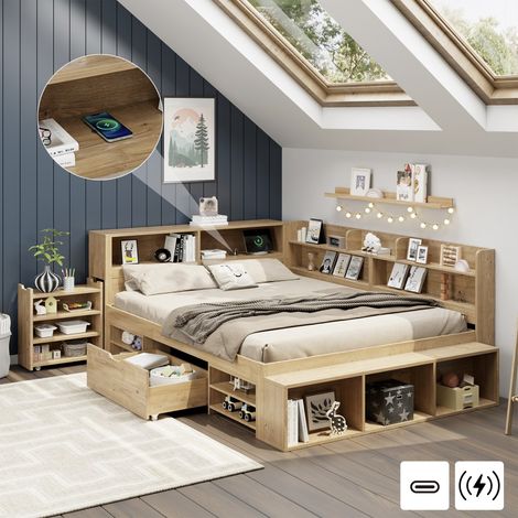 Lit enfant 140x200 cm avec rangements, lit double ,table de chevet, tiroirs, étagères, armoire, chargeur sans fil, couleur naturelle (sans matelas) (1/5)