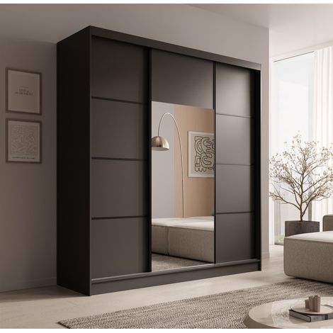 Schiebetürenschrank Schrank ALFA in Schwarz- Tür Applikation Schwarz 200x215x61 cm (1/4)