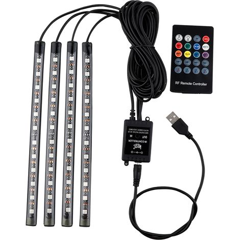 Bande lumineuse LED pour voiture, 4 pièces 36 DC 12 V, musique multicolore, éclairage intérieur USB sous le tableau de bord, kit d'éclairage avec fonction sonore active et télécommande sans fil (1/5)