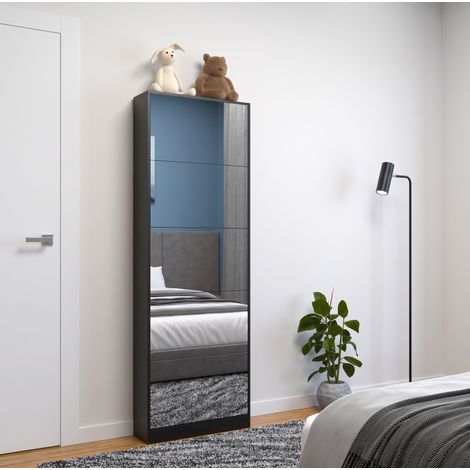 Meuble à chaussures avec miroir intégral, 5 abattants, 63 x 19,6 x 185 cm, MDF noir REDOM (1/5)