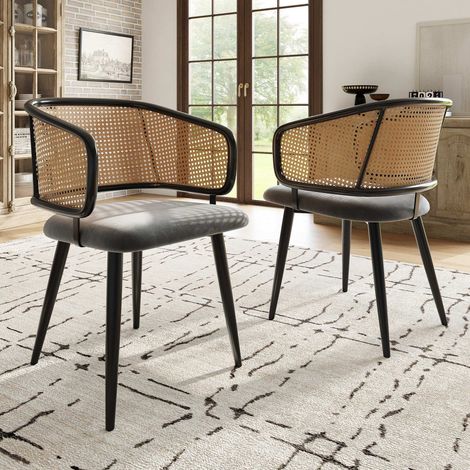 Lot de 2 chaises de salle à manger en velours gris, dossier en rotin, pieds métal effet bois, assise rembourrée, 47 x 51 x 79 cm (1/5)