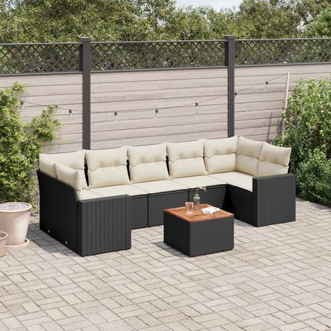 Ensemble de jardin 8 places en résine tressée noire avec coussins crème et table acacia (1/3)