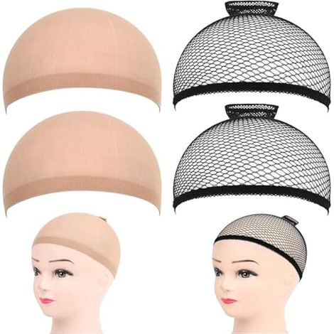 Lot de 4 filets à cheveux en nylon, extensibles, respirants, 2 bonnets de perruque beige nu, 2 filets noirs (1/4)