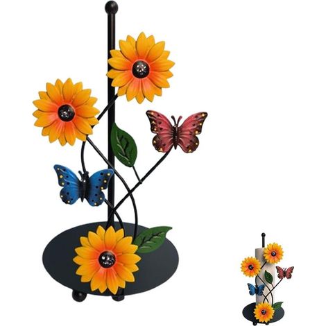 1 support pour rouleau de papier, design décoratif tournesol et papillon, en fer noir, autoportant, pour cuisine et salle à manger (1/5)