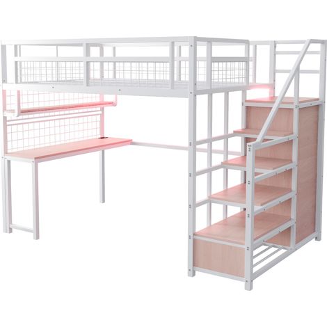 Metall-Hochbett 140 x 200 cm Weiß mit Schreibtisch, Regal und Stauraumtreppe (1/5)