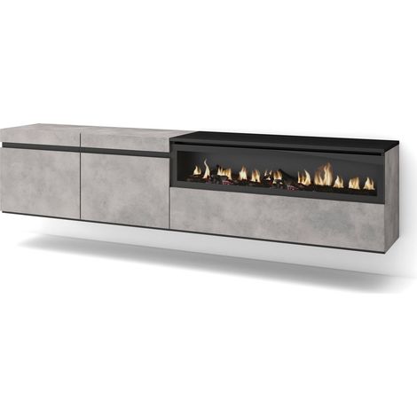 Skraut Home – Meuble TV suspendu mural avec cheminée électrique – Grand espace de rangement 200x35x45cm – Pour TV jusqu'à 80" – Style moderne gris ciment (1/5)