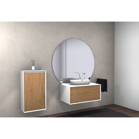 BERNSTEIN - Meuble de salle de bain Fiona 900 - façade effet béton ou chêne - miroir et colonne de rangement en option Sans miroir, Sans cache couvercle supplémentaire, Sans vasque, Aspect chêne, Avec