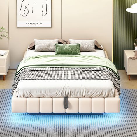 Letto matrimoniale 140x200 cm, effetto sospeso con luce LED, contenitore, senza testiera, lino beige (1/5)