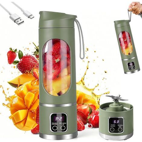 Mixeur portable à emporter 450 ml, avec écran LED, 12 lames, petit mixeur pour shakes et smoothies, rechargeable, mini blender pour voyage, extérieur, vert olive (1/5)