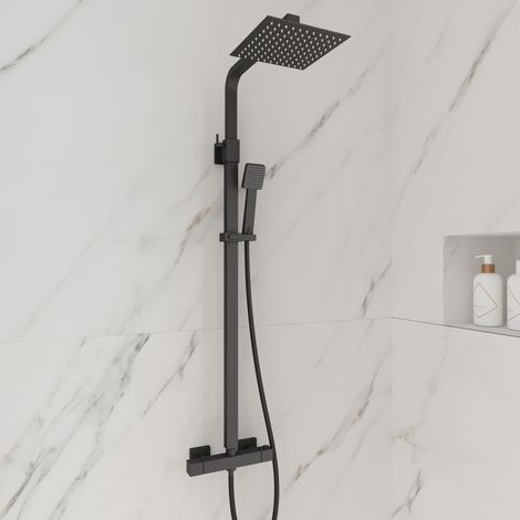Square Matt Black Thermostatic Shower Kit with Fixed Head and Handset (1/3)