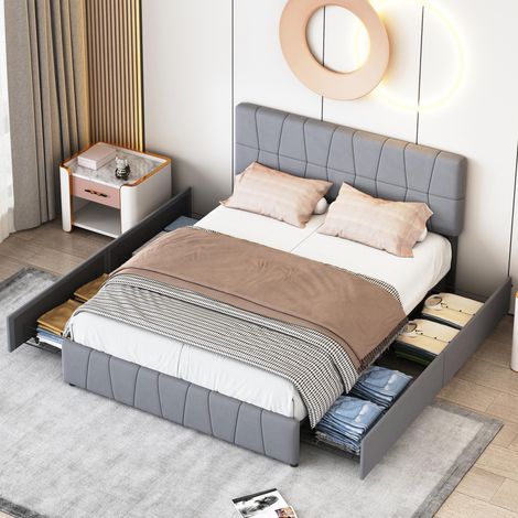 Letto matrimoniale con cassetti 160x200cm - con 4 cassetti contenitori e testiera, rete a doghe, velluto, letto per adulti scandinavo - Grigio (1/5)