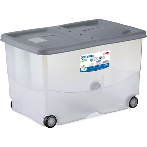 Contenitore multiuso box storage cassa conservazione indumenti chiuso h36x60x40 con ruote coperchio grigio doppia apertura taschine antitarme (1/4)