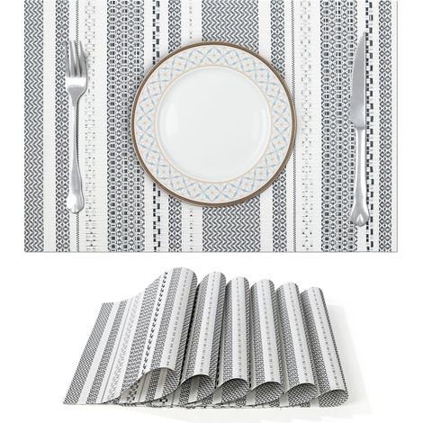 Lot de 6 sets de table 30 × 45 cm à rayures argentées style nordique en PVC tressé lavables antidérapants et résistants à la chaleur pour intérieur et extérieur (1/5)