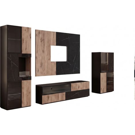 Ensemble meuble TV Cannes 2 W-K cheminée bioéthanol et vitrine LED - MDF noir, chêne Viking, marbre noir - 280 x 182 x 45 cm - Livraison gratuite (1/5)