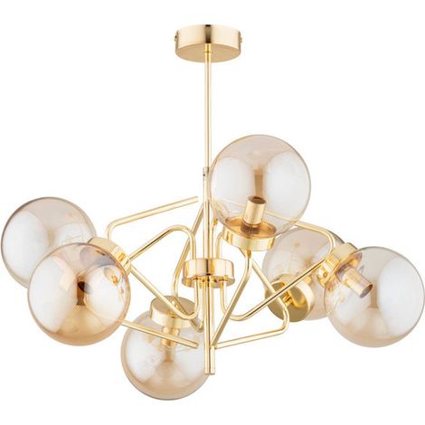 Alfa BARSUM Gold/Brass Glamour Ceiling Light Chandelier, 6 Glass Globe Shades, Metal Fixture, 6xE14 (max 10W), 56cm H48cm, for Living Room Dining Bedroom, Dimmable
