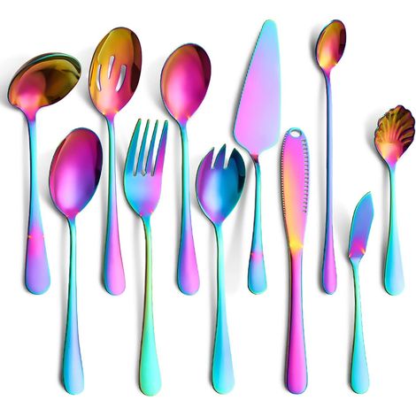 Set de 12 pièces de service en acier inoxydable, couverts modernes arc-en-ciel : cuillères, fourchette, couteau, louche, ustensiles de table pour restaurant, buffet et fête (1/5)