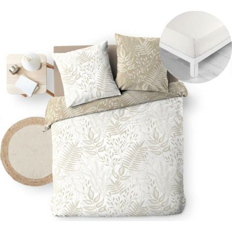 Pack Botanica Naturel 240 x 220 cm – Housse de Couette Réversible + Drap Housse Blanc