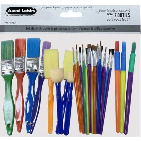 Assortiment de pinceaux et brosses - CLEOPATRE - 25 pcs - Manches colorés - Poils doux et durs - Pour enfants (1/5)