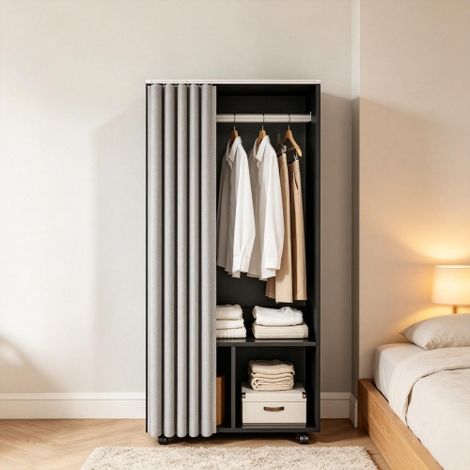 Armoire mobile pratique en panneaux de particules robustes avec rideau en tissu opaque, idéale comme armoire suspendue et de rangement flexible pour les vêtements (1/5)