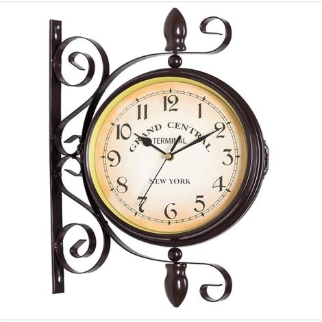 Horloge Murale Double Face Style rétro Antique Horloge Murale de Gare avec Design en Fer forgé, Horloge à Piles avec Chiffres Arabes Style rétro Horloge de Jardin pour Gare, Couloir ou Jardin