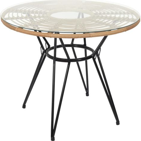 Paris Prix – Table de jardin ronde 90cm en métal et verre trempé – Design moderne – Facile d'entretien – Couleur noir et naturel
